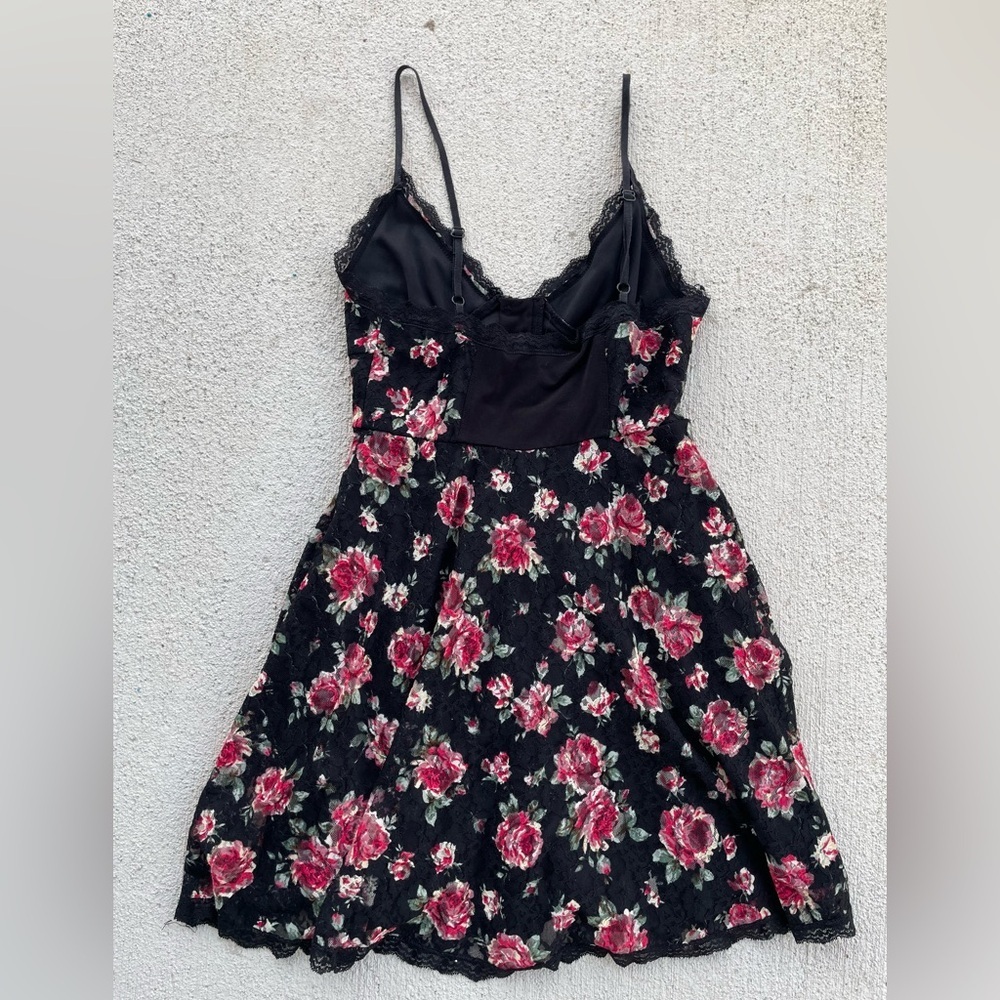 Vintage Y2K Betsey Johnson Floral Lace Slip Dress Black Pink Roses Corset Mini S - Picture 5 of 6